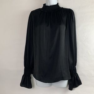Worthington Black Mock Neck Ruching Ruffle Detail Loose Blouse Size M